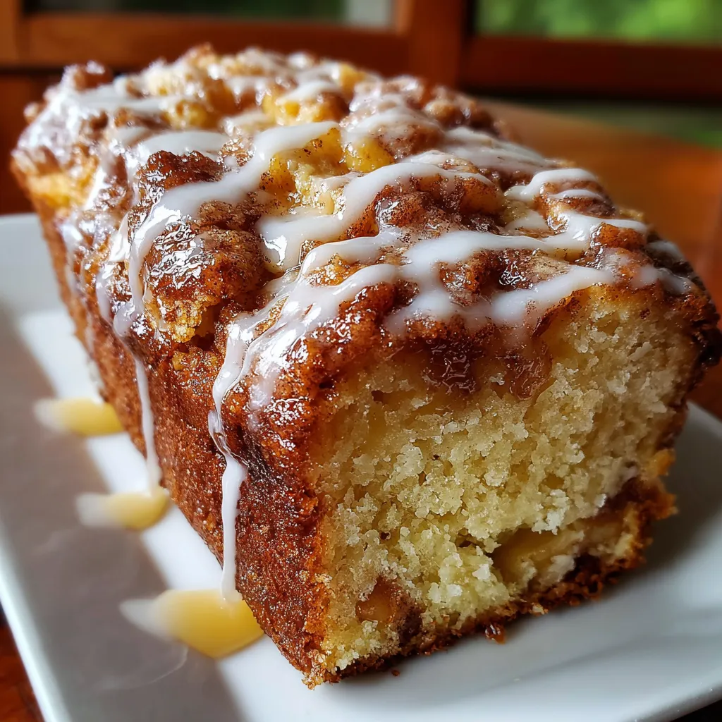 Amish Apple Fritter Bread with cinnamon sugar swirls and glaze on a wooden board