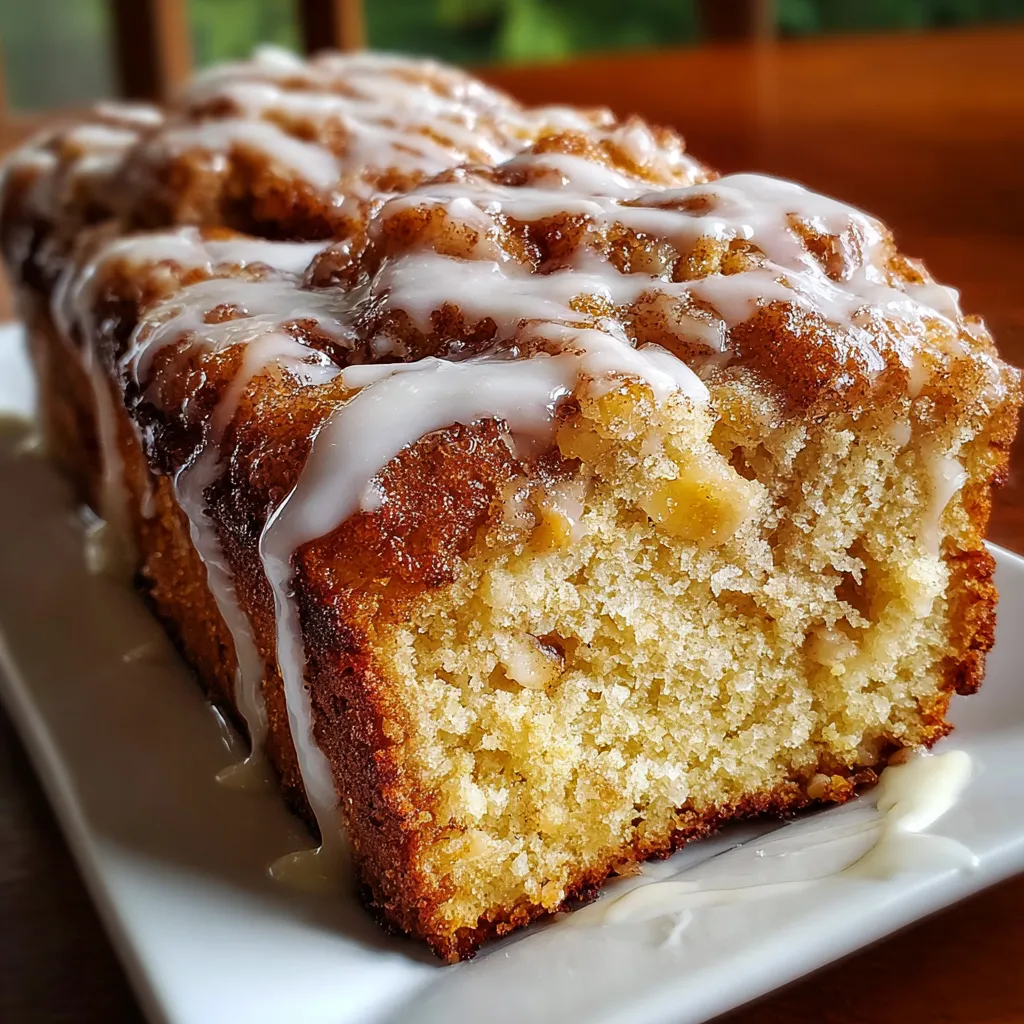 Amish Apple Fritter Bread with cinnamon sugar swirls and glaze on a wooden board