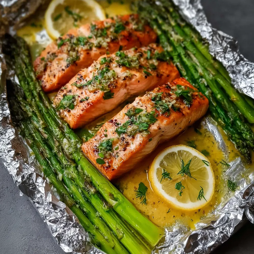 Baked salmon fillet and asparagus in foil with lemon slices, garlic, and fresh herbs