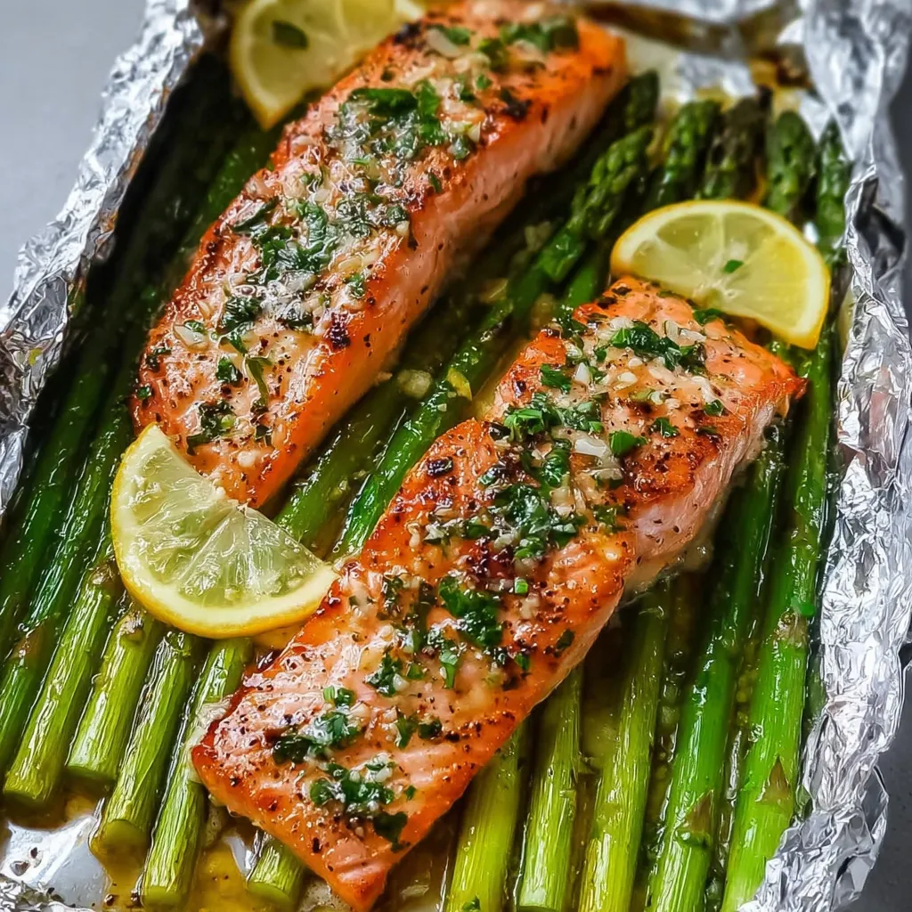 Baked salmon fillet and asparagus in foil with lemon slices, garlic, and fresh herbs