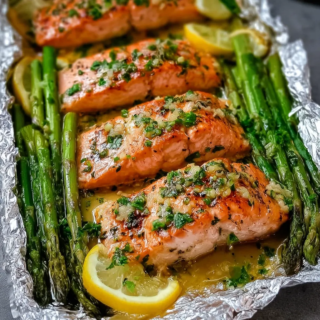 Baked salmon fillet and asparagus in foil with lemon slices, garlic, and fresh herbs