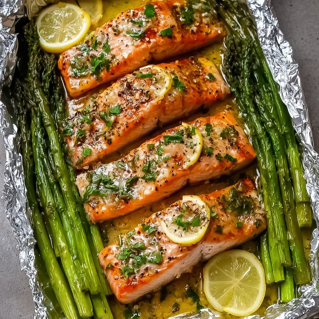 Baked salmon fillet and asparagus in foil with lemon slices, garlic, and fresh herbs
