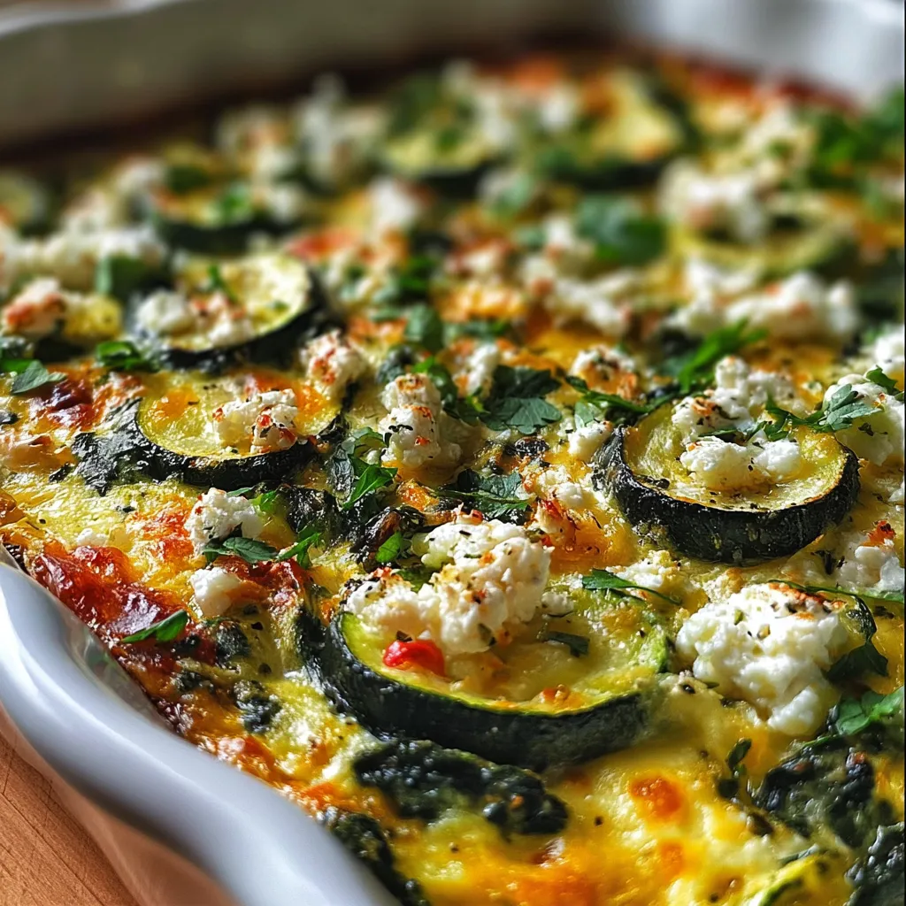 Freshly baked zucchini spinach and feta casserole in a white dish with golden, bubbly cheese on top.