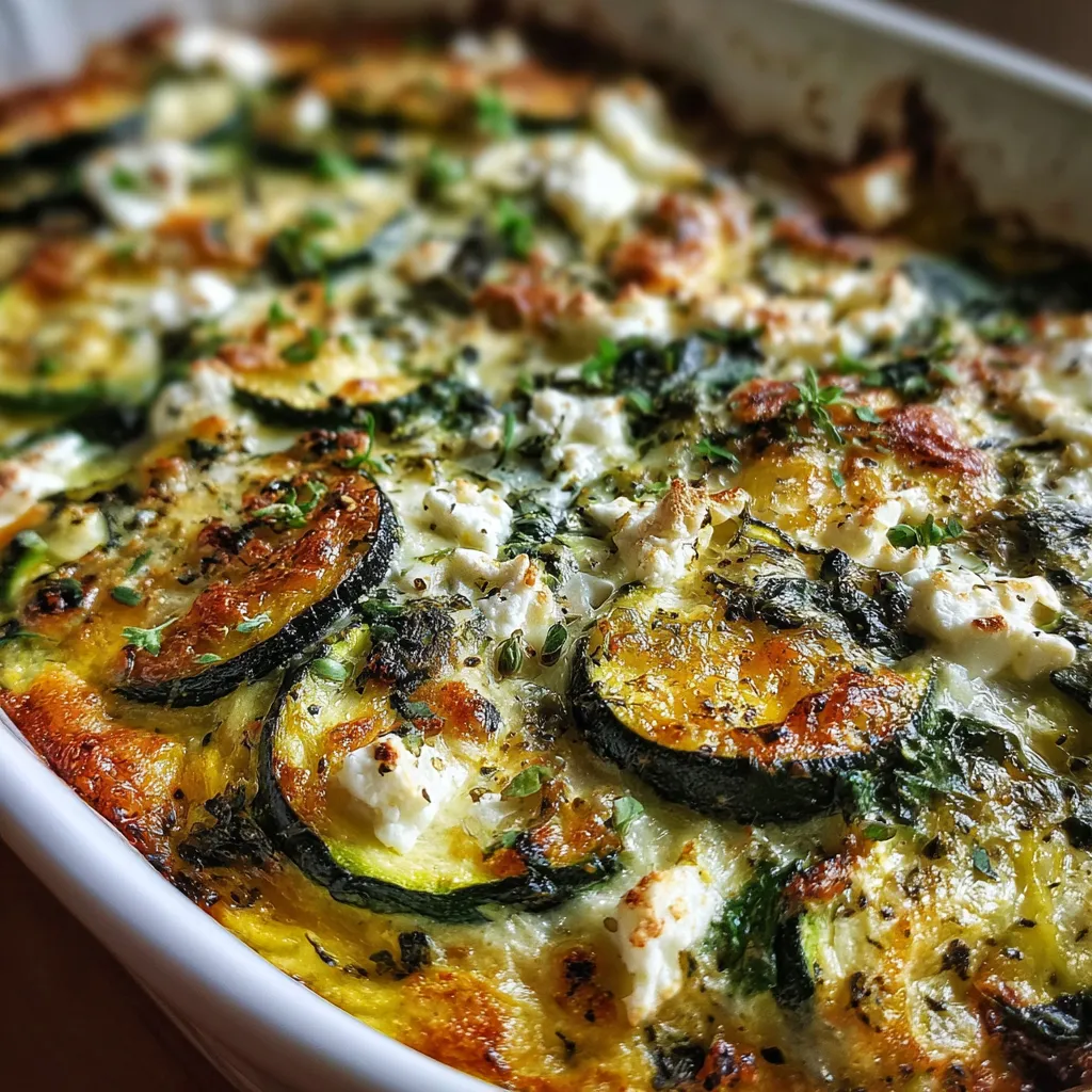 Freshly baked zucchini spinach and feta casserole in a white dish with golden, bubbly cheese on top.
