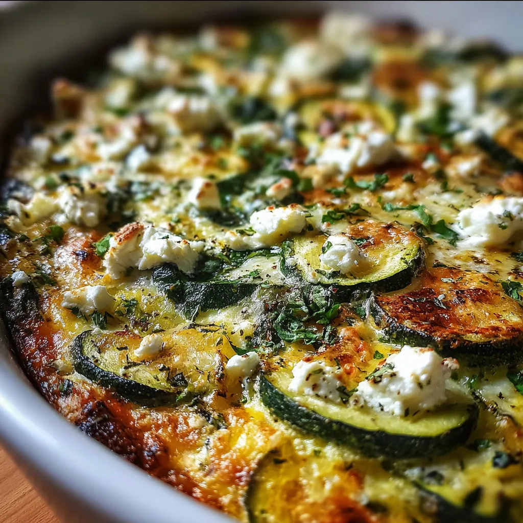 Freshly baked zucchini spinach and feta casserole in a white dish with golden, bubbly cheese on top.