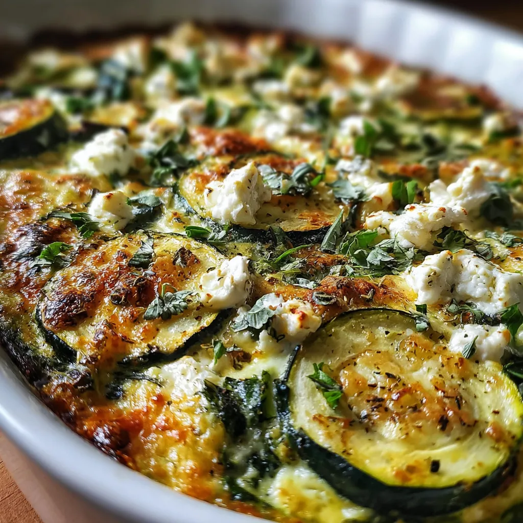 Freshly baked zucchini spinach and feta casserole in a white dish with golden, bubbly cheese on top.