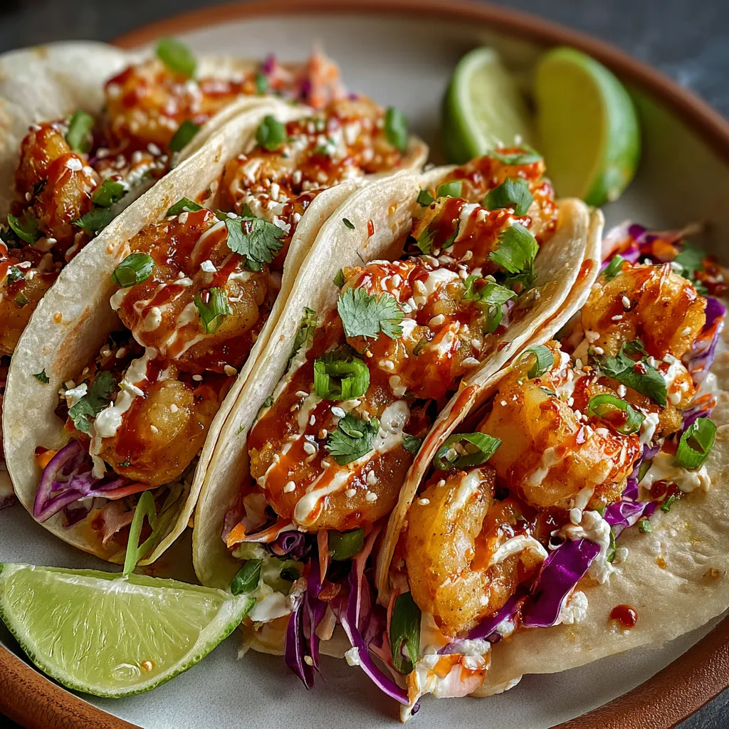 Crispy Bang Bang Shrimp Tacos topped with creamy spicy sauce, shredded cabbage, and fresh cilantro in soft tortillas.