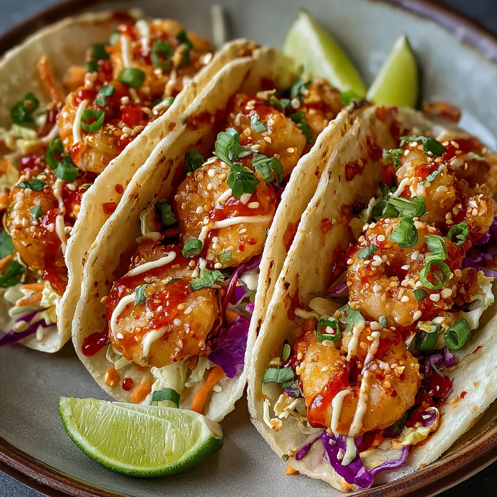 Crispy Bang Bang Shrimp Tacos topped with creamy spicy sauce, shredded cabbage, and fresh cilantro in soft tortillas.