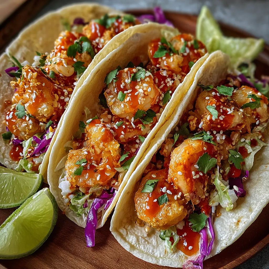 Crispy Bang Bang Shrimp Tacos topped with creamy spicy sauce, shredded cabbage, and fresh cilantro in soft tortillas.