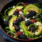 Fresh blackberry and avocado salad with honey lemon vinaigrette served in a white bowl