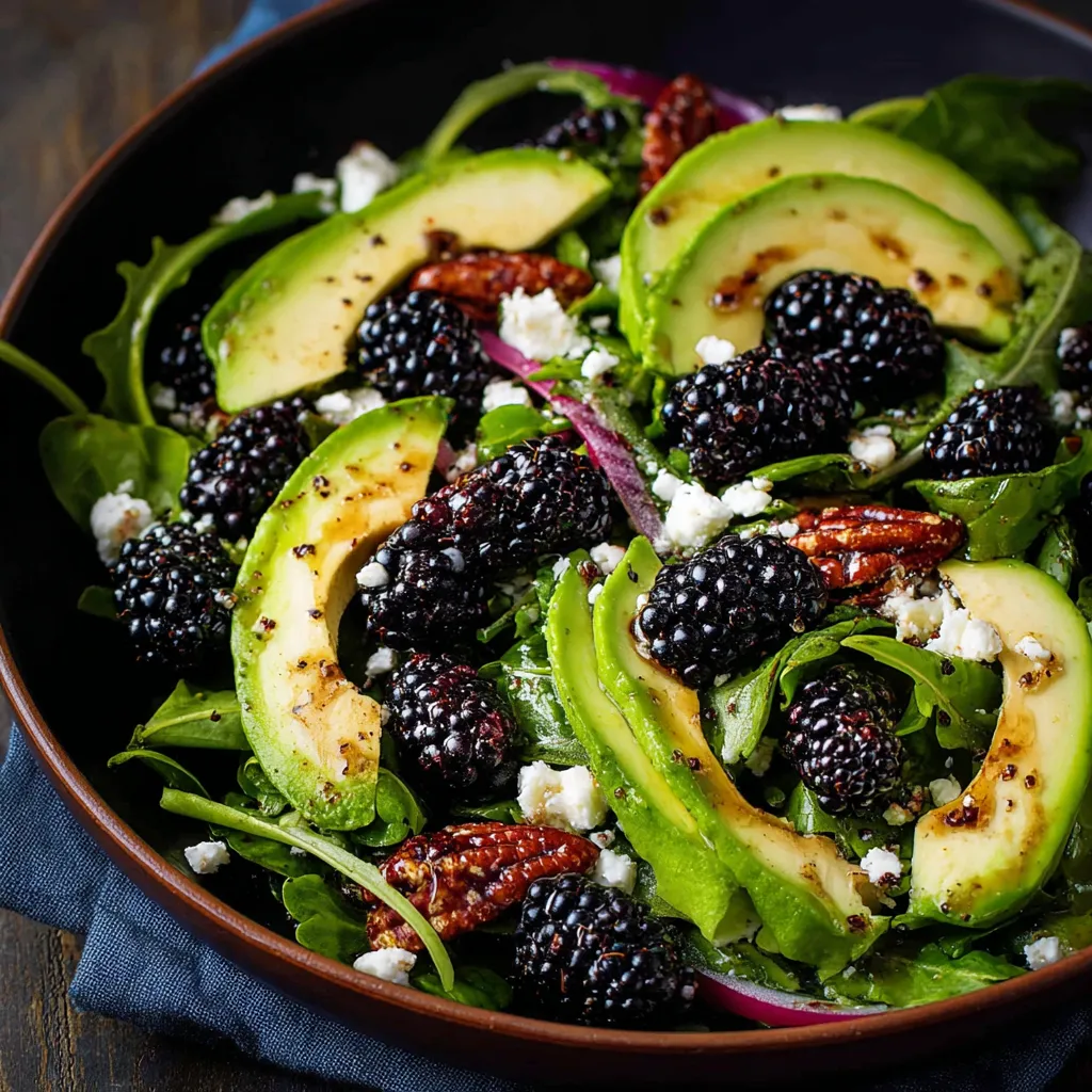 Fresh blackberry and avocado salad with honey lemon vinaigrette served in a white bowl