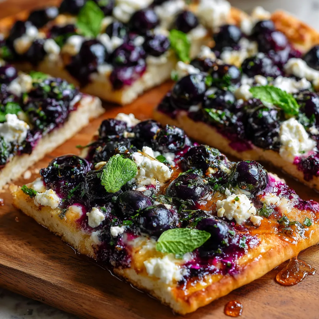 Blueberry feta flatbread drizzled with hot honey, garnished with fresh arugula on a wooden serving board.