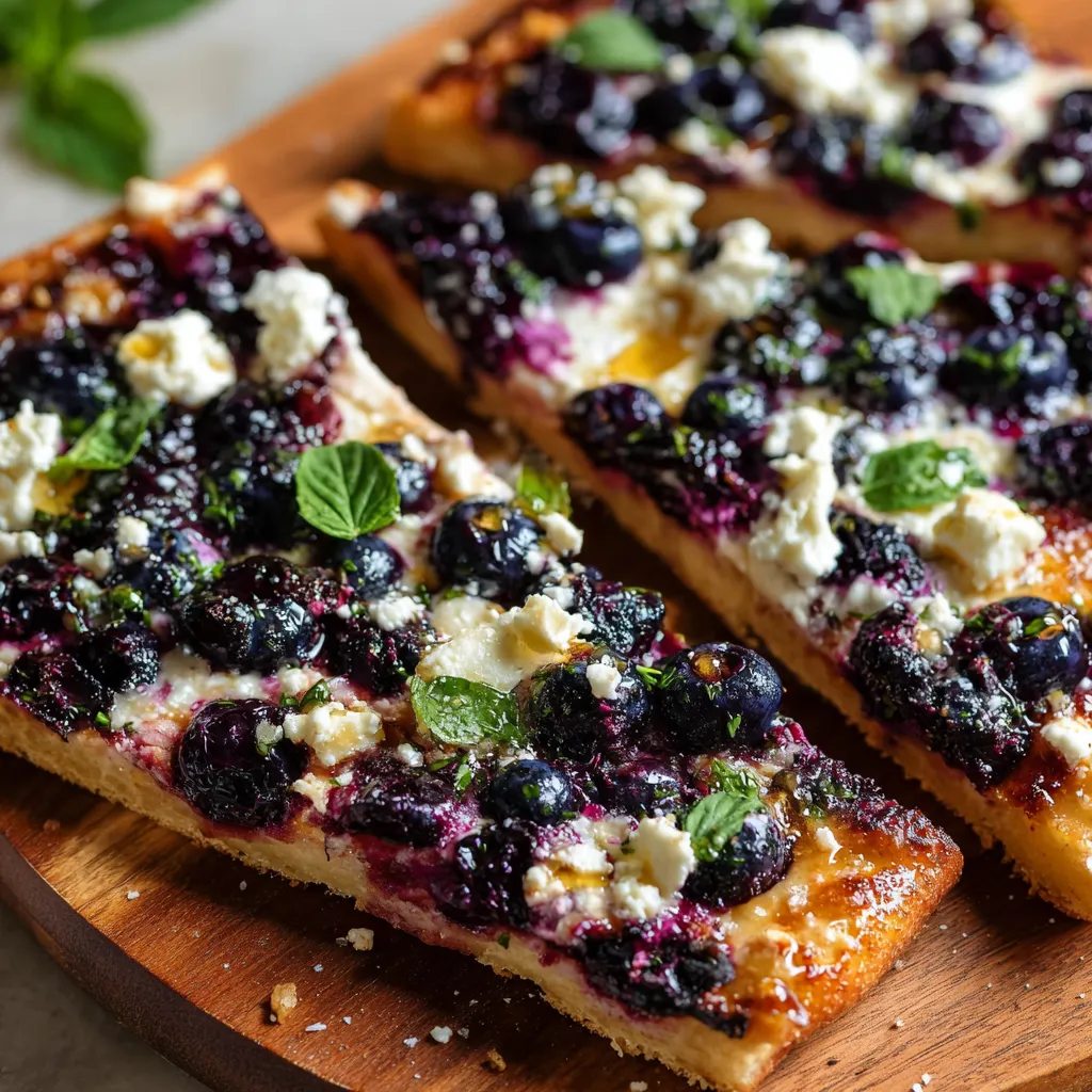 Blueberry feta flatbread drizzled with hot honey, garnished with fresh arugula on a wooden serving board.