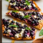 Blueberry feta flatbread drizzled with hot honey, garnished with fresh arugula on a wooden serving board.
