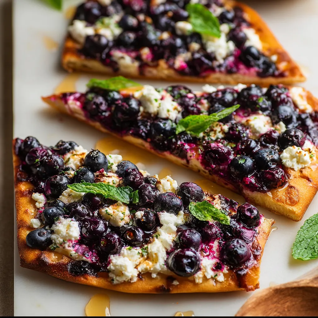 Blueberry feta flatbread drizzled with hot honey, garnished with fresh arugula on a wooden serving board.