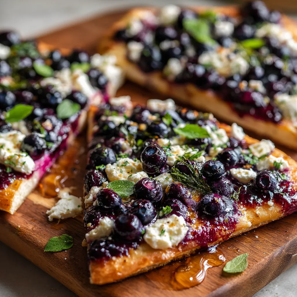 Blueberry feta flatbread drizzled with hot honey, garnished with fresh arugula on a wooden serving board.