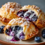 Golden blueberry pie bombs with flaky pastry and sweet blueberry filling on a baking tray.