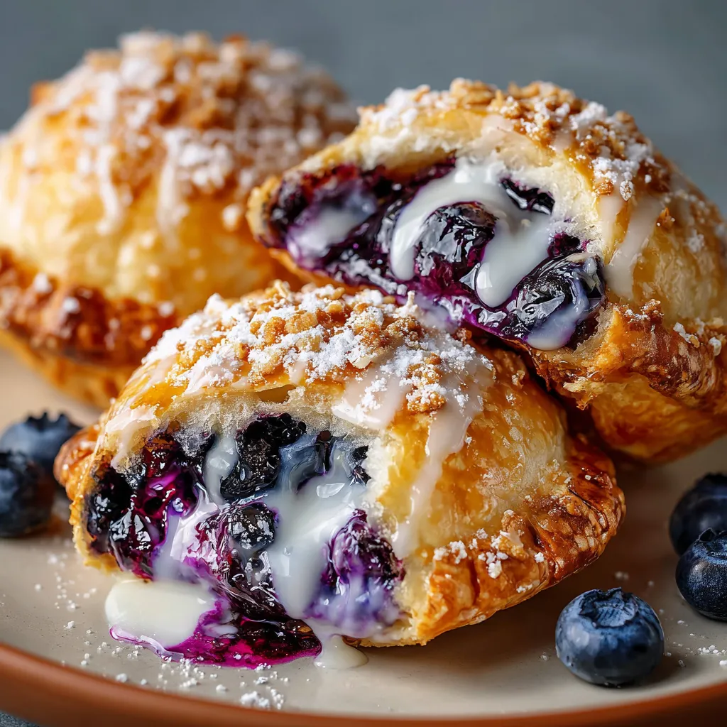 Golden blueberry pie bombs with flaky pastry and sweet blueberry filling on a baking tray.
