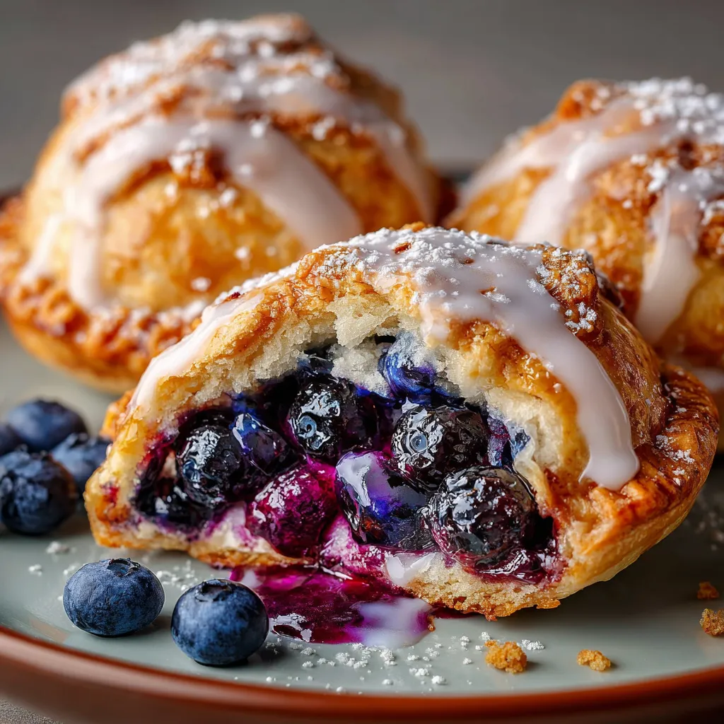 Golden blueberry pie bombs with flaky pastry and sweet blueberry filling on a baking tray.
