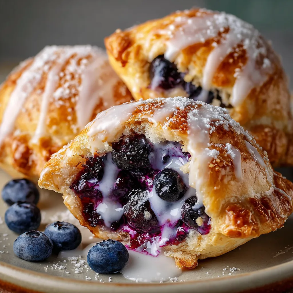 Golden blueberry pie bombs with flaky pastry and sweet blueberry filling on a baking tray.