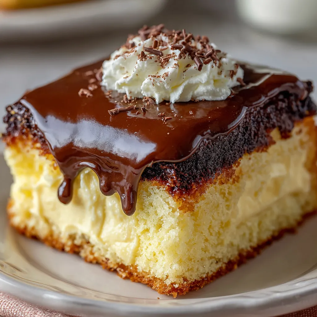 Boston Cream Poke Cake with rich chocolate ganache and creamy vanilla filling