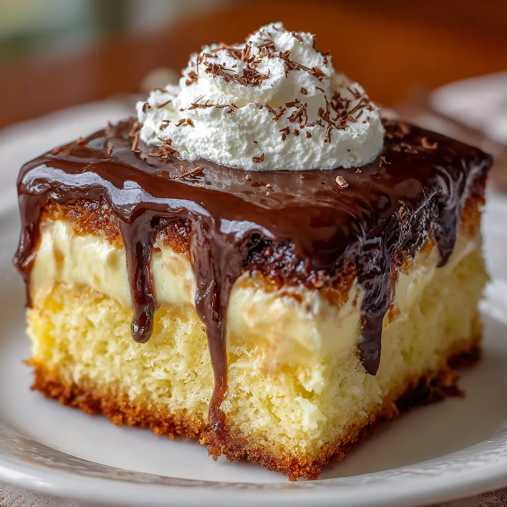 Boston Cream Poke Cake with rich chocolate ganache and creamy vanilla filling