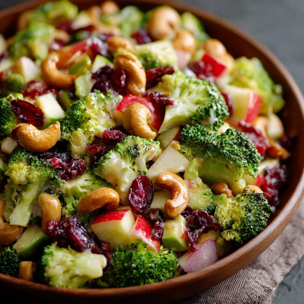 A vibrant Broccoli Cashew Salad in a white bowl with creamy dressing, crunchy cashews, dried cranberries, and shredded carrots.