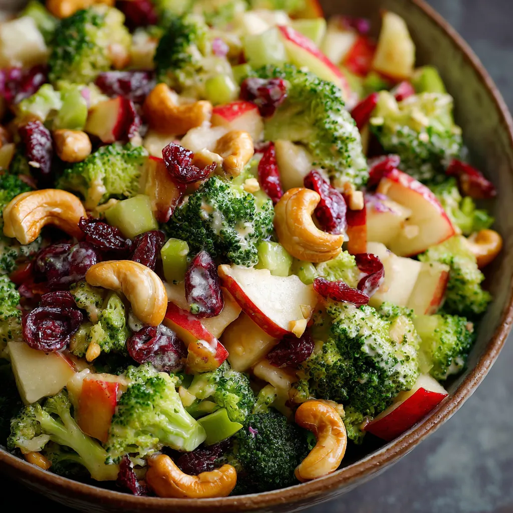 A vibrant Broccoli Cashew Salad in a white bowl with creamy dressing, crunchy cashews, dried cranberries, and shredded carrots.