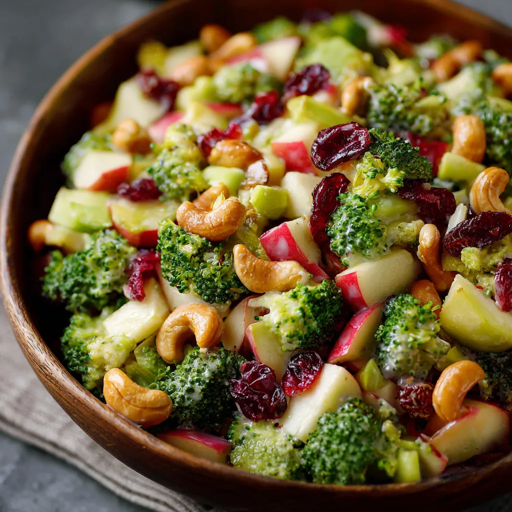 A vibrant Broccoli Cashew Salad in a white bowl with creamy dressing, crunchy cashews, dried cranberries, and shredded carrots.