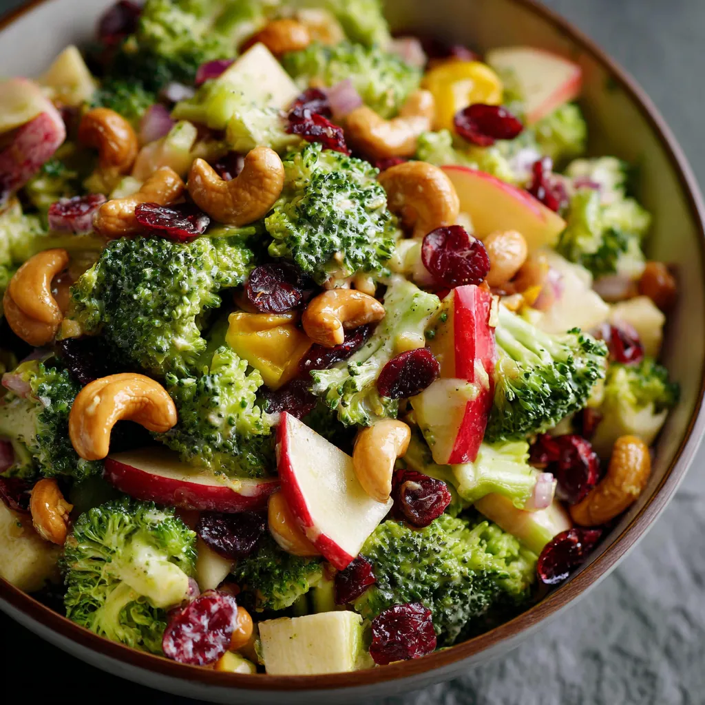 A vibrant Broccoli Cashew Salad in a white bowl with creamy dressing, crunchy cashews, dried cranberries, and shredded carrots.