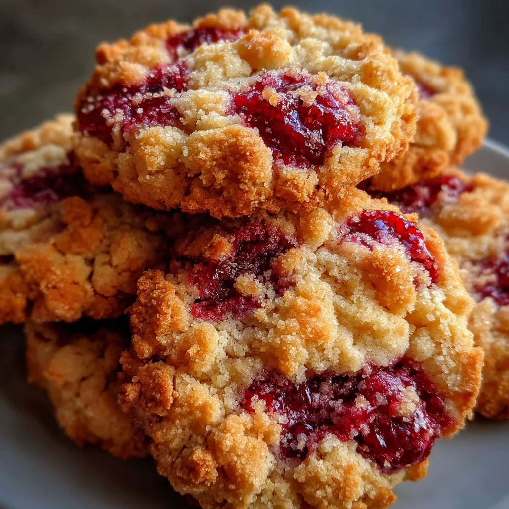 Buttery raspberry crumble cookies with golden crumble topping and vibrant raspberry filling on a parchment-lined baking tray.