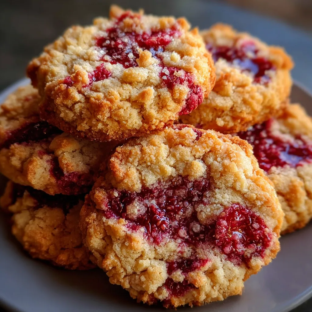 Buttery raspberry crumble cookies with golden crumble topping and vibrant raspberry filling on a parchment-lined baking tray.