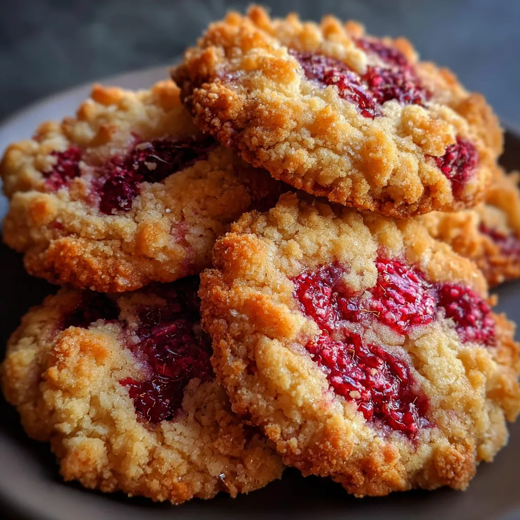 Buttery raspberry crumble cookies with golden crumble topping and vibrant raspberry filling on a parchment-lined baking tray.