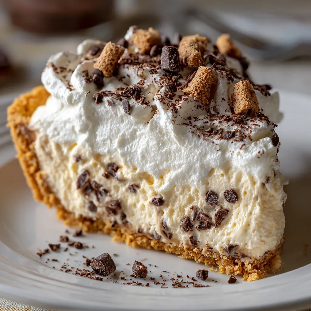 Cannoli Cream Pie with creamy ricotta filling, chocolate chips, and pistachio topping in a graham cracker crust.