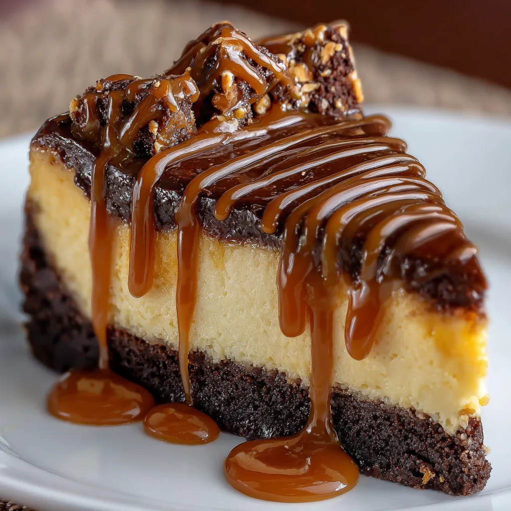 Slice of caramel brownie cheesecake on a white plate with caramel drizzle