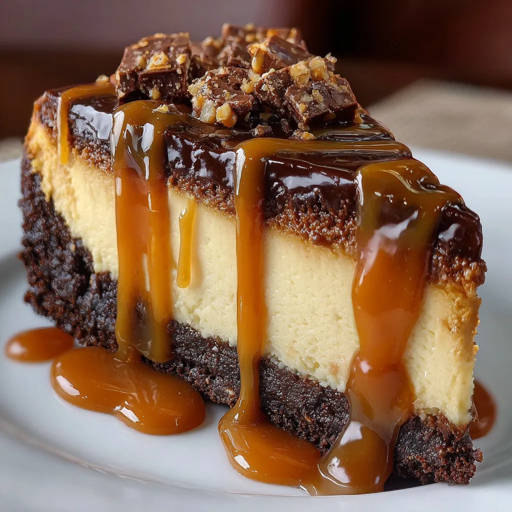 Slice of caramel brownie cheesecake on a white plate with caramel drizzle