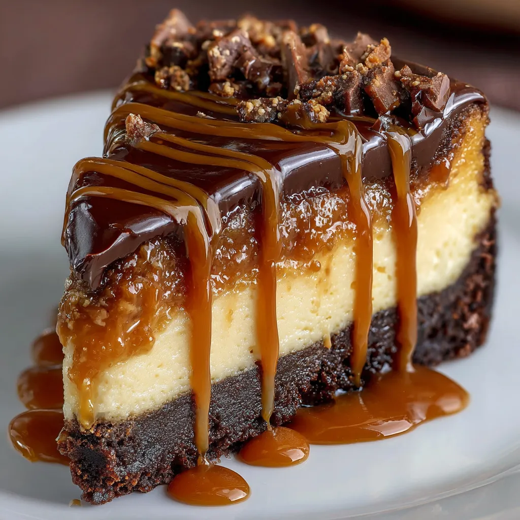 Slice of caramel brownie cheesecake on a white plate with caramel drizzle