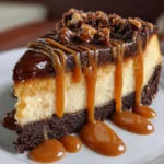 Slice of caramel brownie cheesecake on a white plate with caramel drizzle