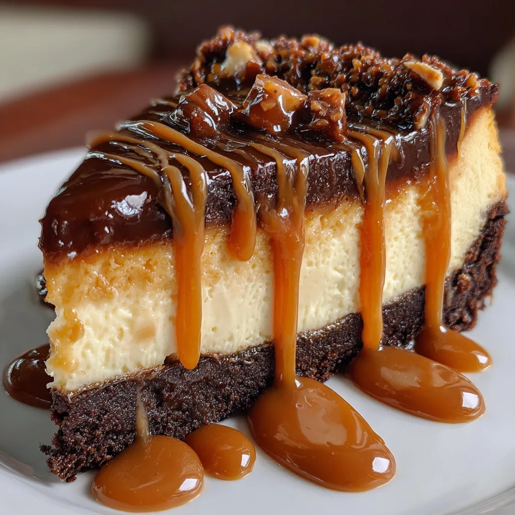 Slice of caramel brownie cheesecake on a white plate with caramel drizzle