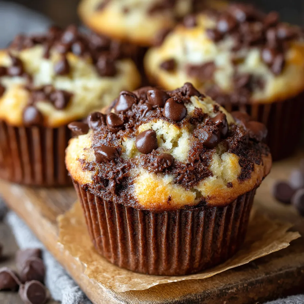 Cheesecake Chocolate Chip Muffins with a creamy cheesecake center and golden chocolate-studded tops, cooling on a wire rack.