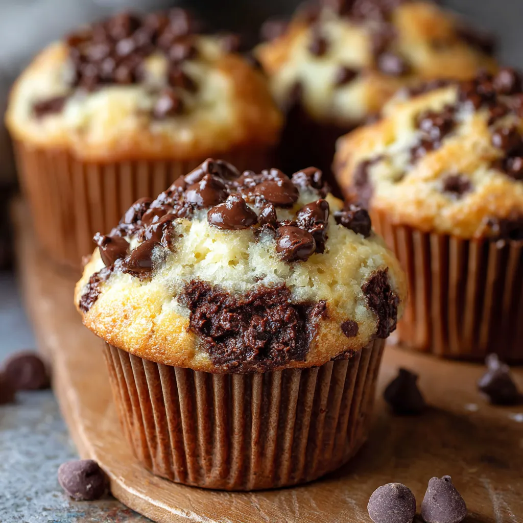Cheesecake Chocolate Chip Muffins with a creamy cheesecake center and golden chocolate-studded tops, cooling on a wire rack.