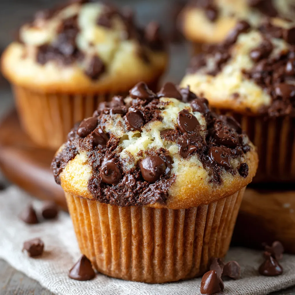 Cheesecake Chocolate Chip Muffins with a creamy cheesecake center and golden chocolate-studded tops, cooling on a wire rack.