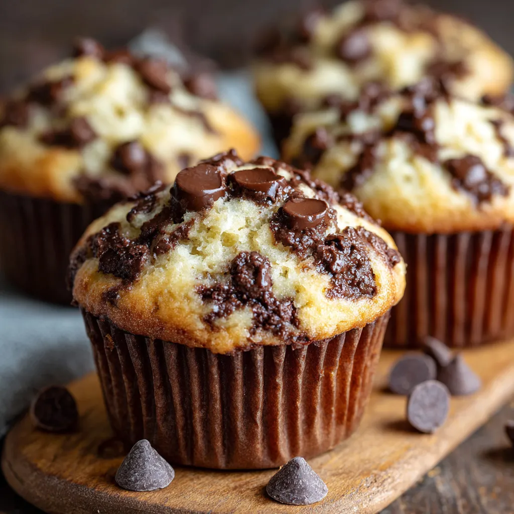 Cheesecake Chocolate Chip Muffins with a creamy cheesecake center and golden chocolate-studded tops, cooling on a wire rack.