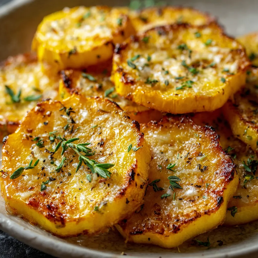 Golden cheesy baked yellow squash rounds topped with Parmesan and mozzarella on a baking sheet.