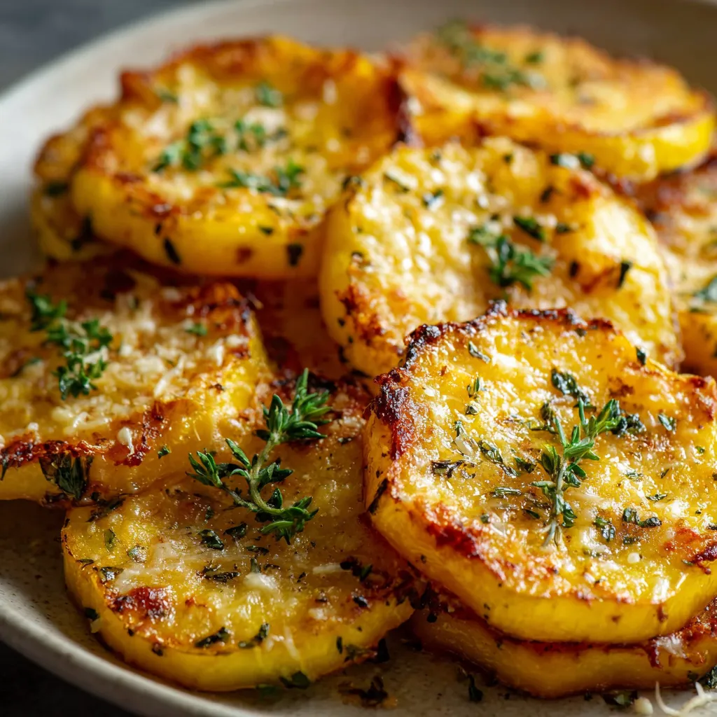 Golden cheesy baked yellow squash rounds topped with Parmesan and mozzarella on a baking sheet.