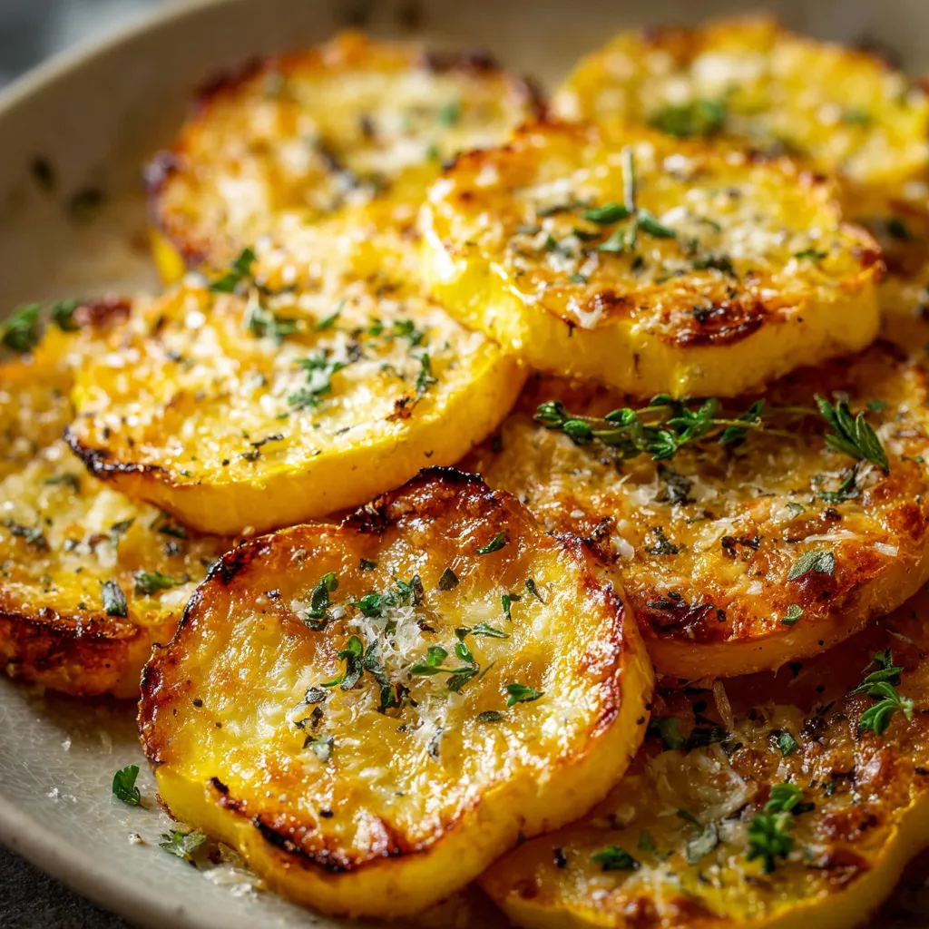 Golden cheesy baked yellow squash rounds topped with Parmesan and mozzarella on a baking sheet.