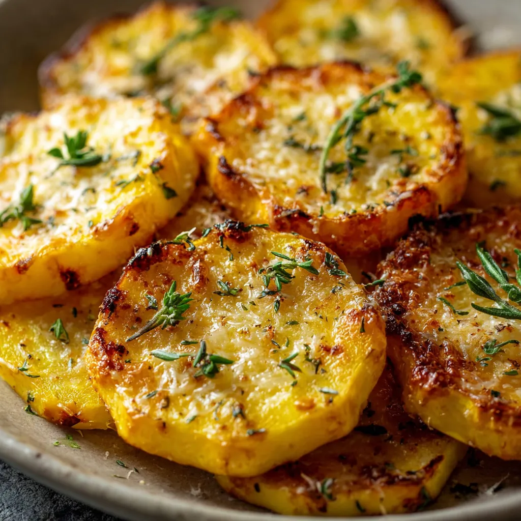 Golden cheesy baked yellow squash rounds topped with Parmesan and mozzarella on a baking sheet.