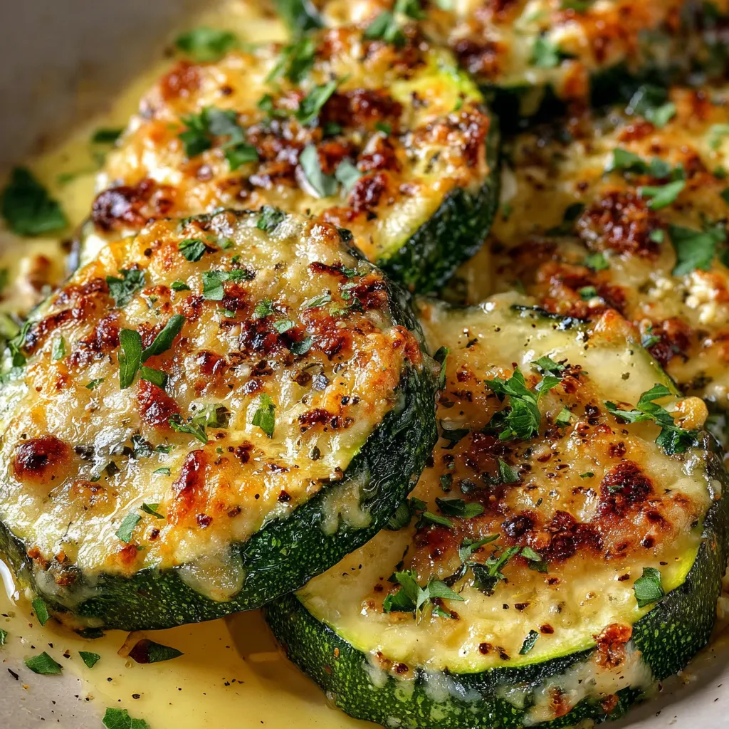 Cheesy Garlic Zucchini Steaks with melted mozzarella and golden Parmesan on a parchment-lined baking sheet.