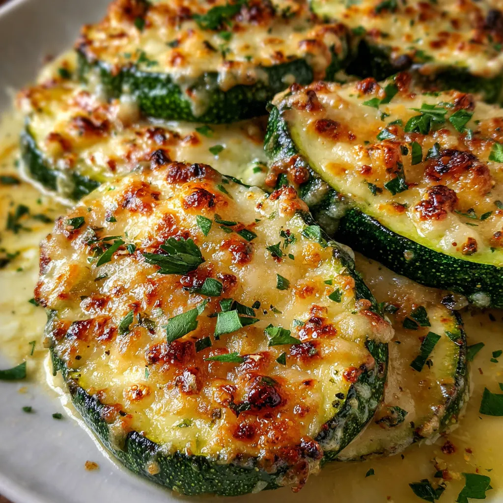 Cheesy Garlic Zucchini Steaks with melted mozzarella and golden Parmesan on a parchment-lined baking sheet.