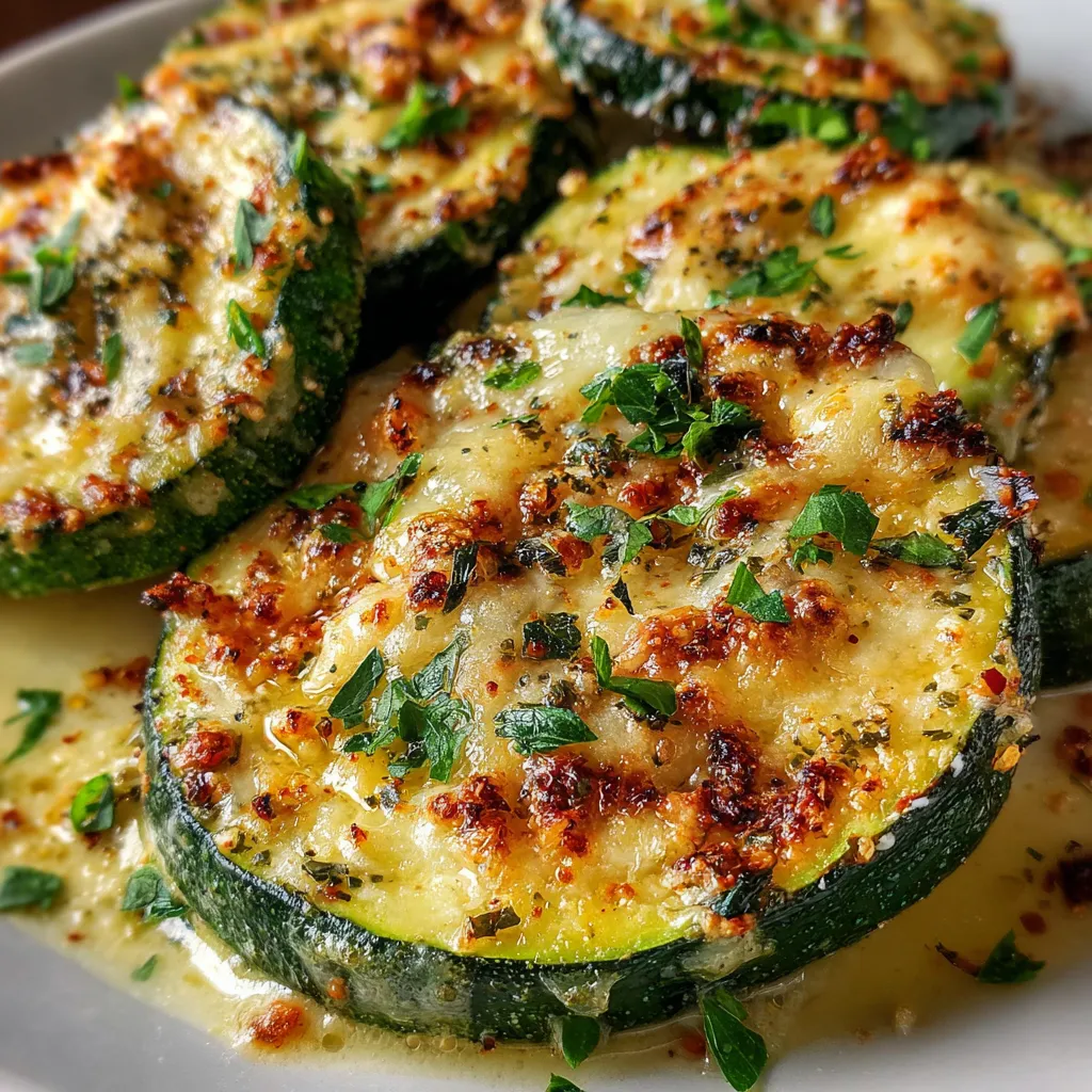 Cheesy Garlic Zucchini Steaks with melted mozzarella and golden Parmesan on a parchment-lined baking sheet.